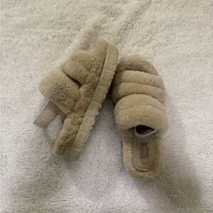 UGG Fluffy Beige Strap Slippers
